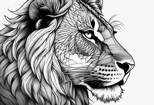Half lion, half girl, add a crown, emphasize the eyes and use the color red, add a snake tattoo idea