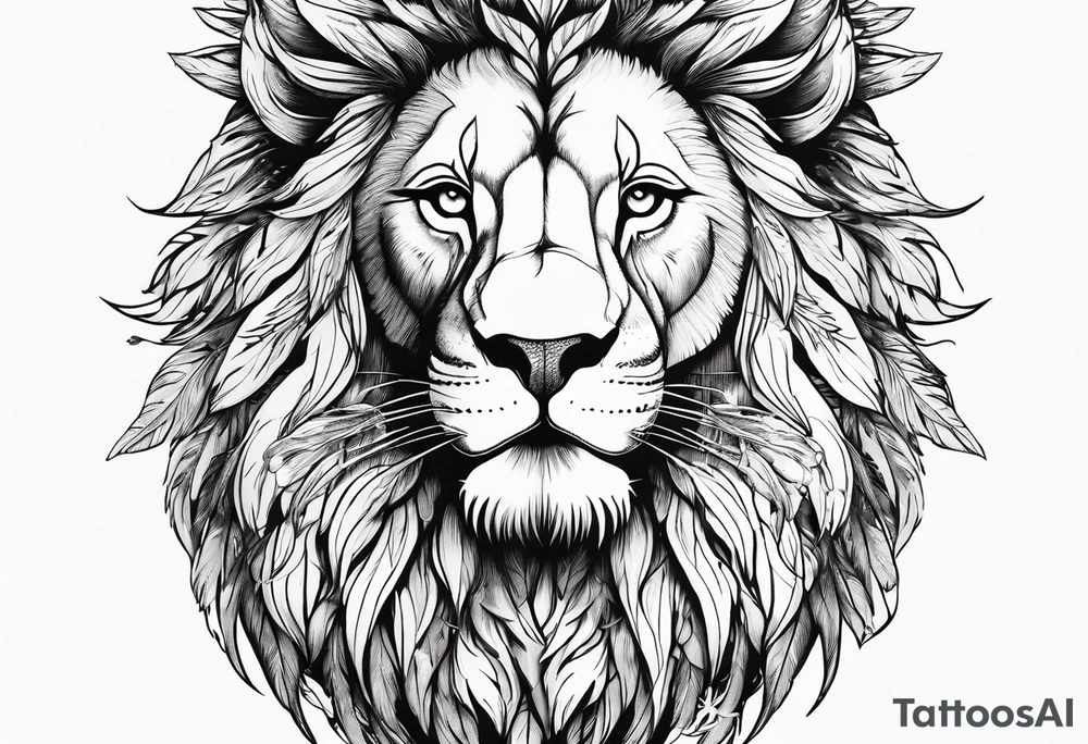 Powerful lion with feathers floral tattoo idea