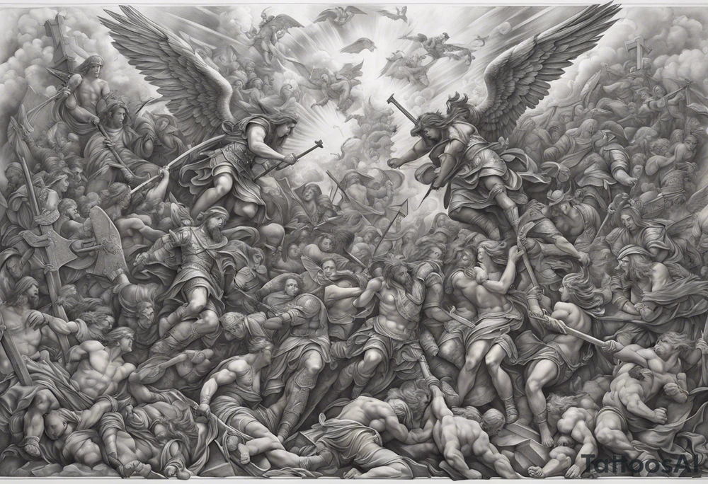 Full back piece depicting the war between angels above and demons below, with a trail up the middle of people carrying crosses up to heaven. tattoo idea