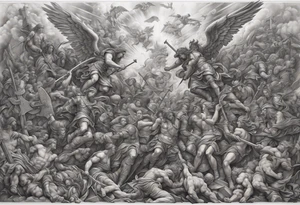 Full back piece depicting the war between angels above and demons below, with a trail up the middle of people carrying crosses up to heaven. tattoo idea