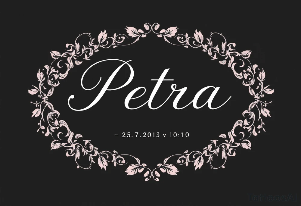 Classic serif font "Petra – 25.7.2013 v 10:10" inside a soft blush pink oval frame. tattoo idea