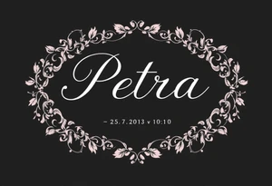 Classic serif font "Petra – 25.7.2013 v 10:10" inside a soft blush pink oval frame. tattoo idea