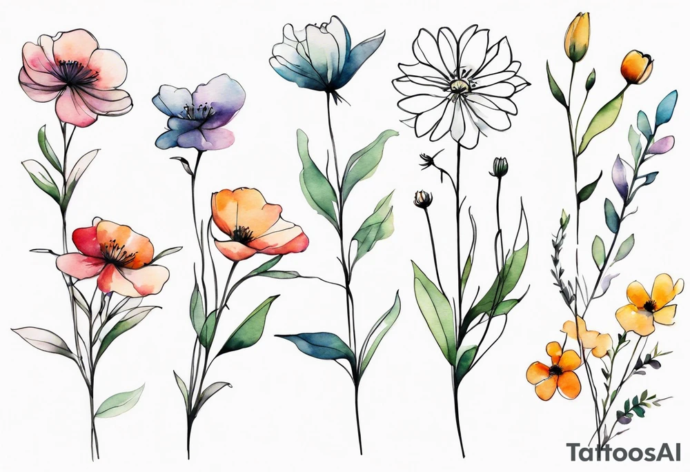 wild flowers long stems bouquet all watercolor tattoo idea