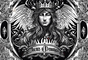 Illustrate a powerful scene where the angelic king checkmates the demonic king, symbolizing the triumph of good over evil in the strategic game of life. tattoo idea