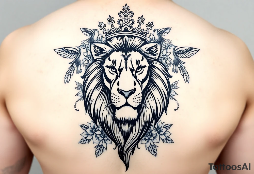 powerful majestic lion with a crown, surrounded by floral ornaments and birds tattoo idea