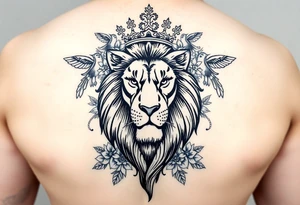 powerful majestic lion with a crown, surrounded by floral ornaments and birds tattoo idea
