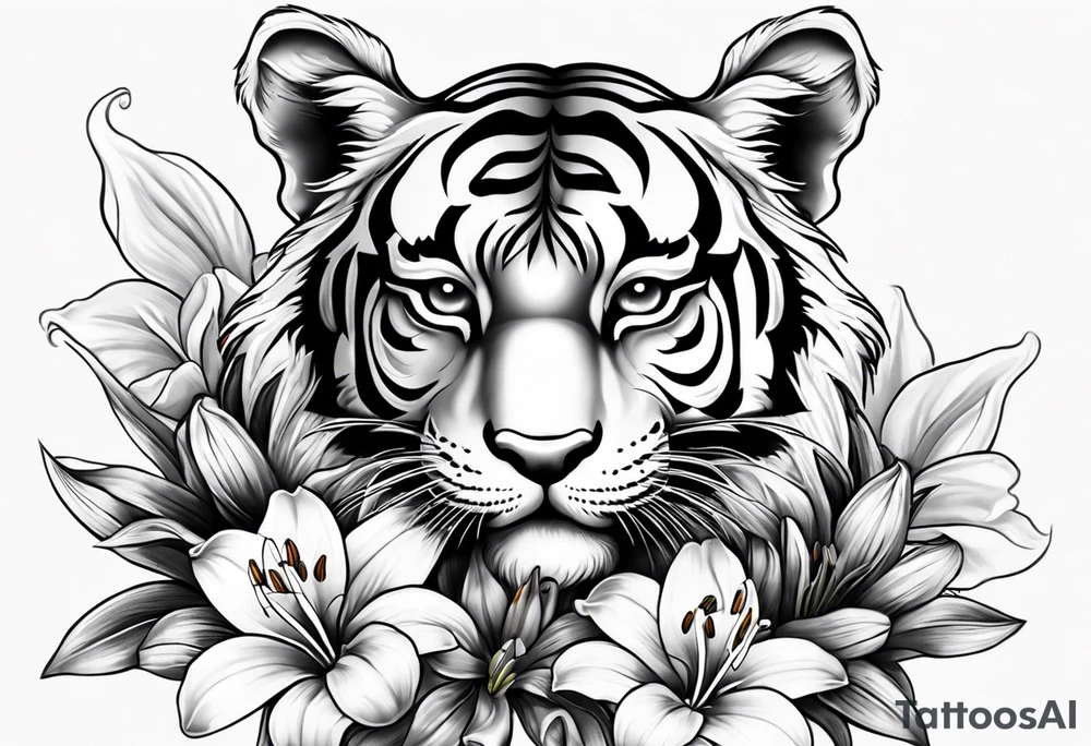 cute tiger with lily flowers tattoo idea