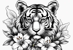 cute tiger with lily flowers tattoo idea