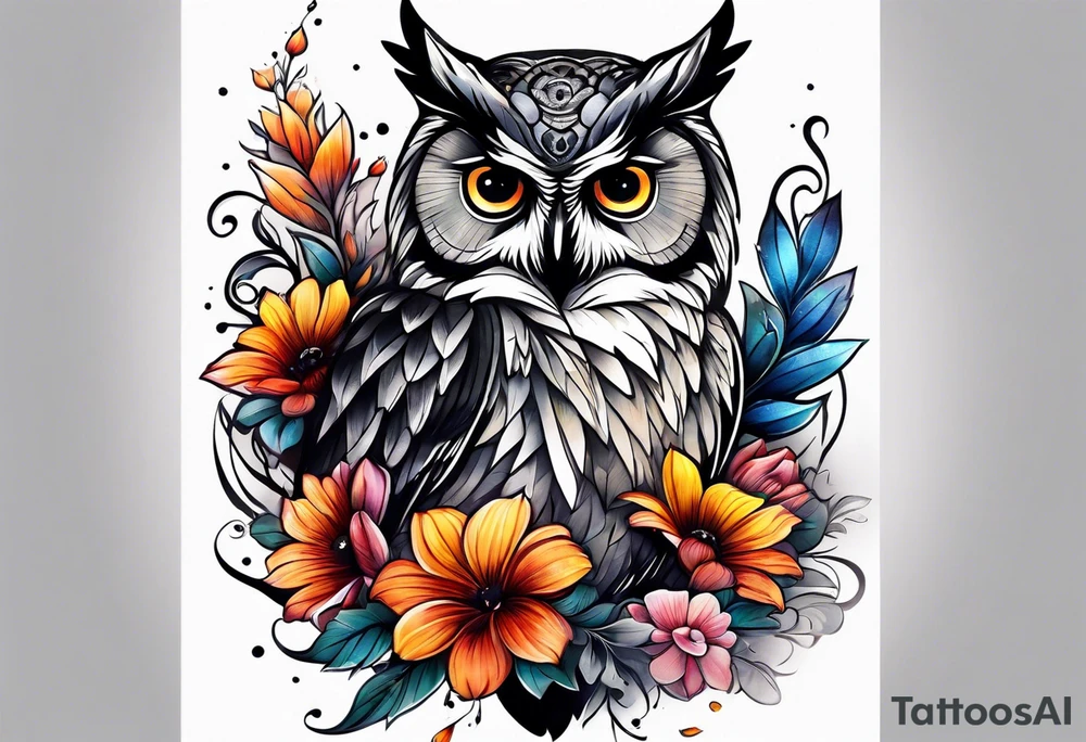 Owl and flowers full arm sleeve tattoo idea