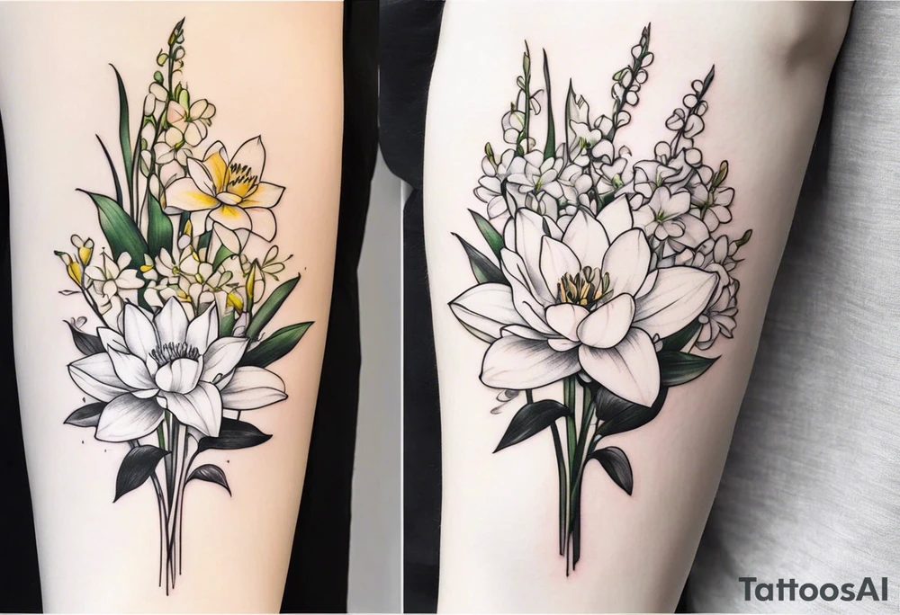 Water Lily, Lily of the Valley, Narcissus, and Gladiolus flower bouquet tattoo idea