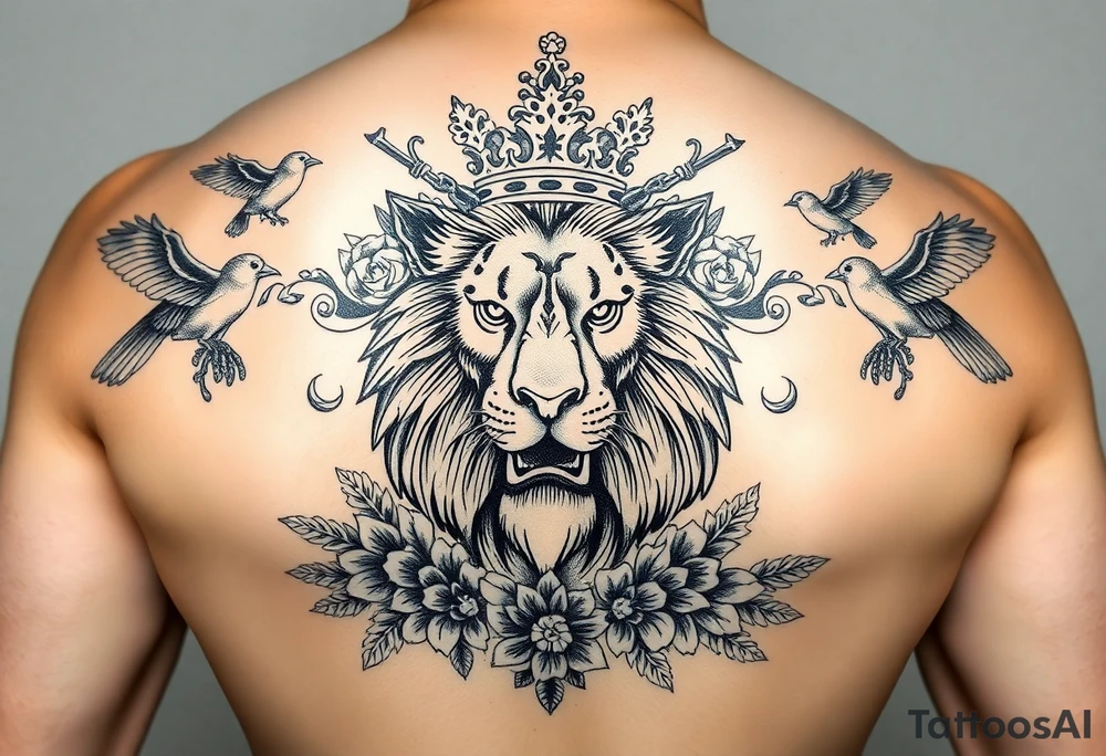 powerful majestic lion with a crown, surrounded by floral ornaments and birds tattoo idea