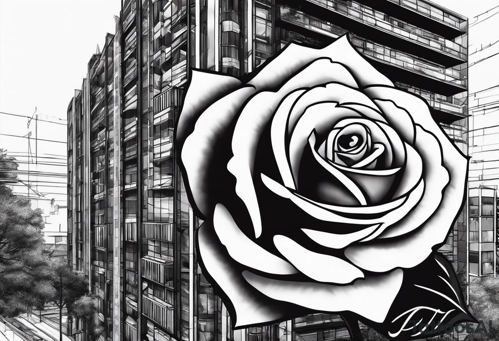 Rose growing from concrete with a 6 floor building in the background with 1570 address tattoo idea