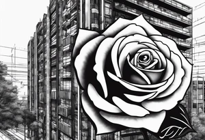 Rose growing from concrete with a 6 floor building in the background with 1570 address tattoo idea