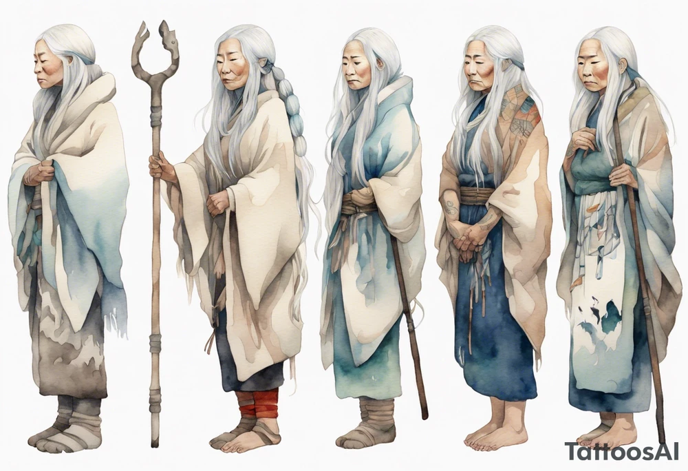 a solitary Inuit woman with long white hair holding onto a white wooden staff tattoo idea