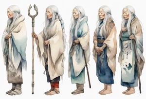 a solitary Inuit woman with long white hair holding onto a white wooden staff tattoo idea