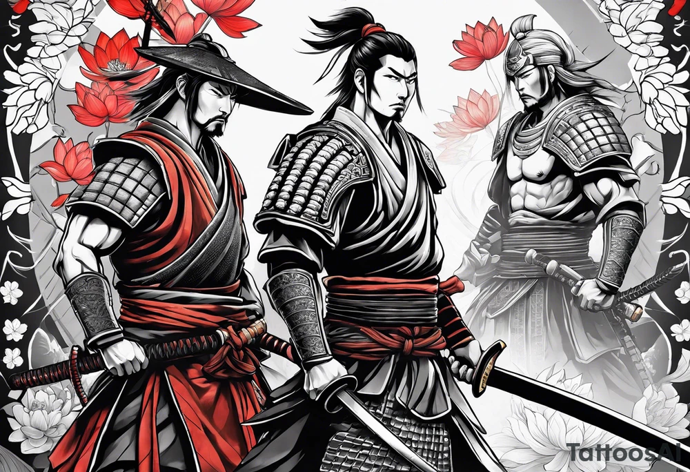 Samurai warrior and spartan warrior facing off, include lotus flowers in the background, both warriors should appear aggressive looking ready for battle, forearm sleeve tattoo idea