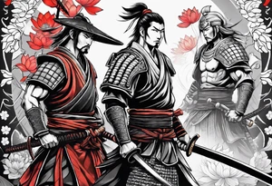 Samurai warrior and spartan warrior facing off, include lotus flowers in the background, both warriors should appear aggressive looking ready for battle, forearm sleeve tattoo idea