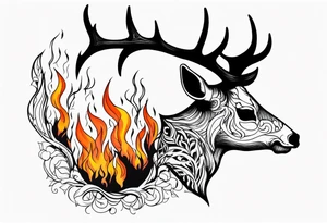 side view of a deer skull and neck JUST BONE surrounded by a flames and trees tattoo idea