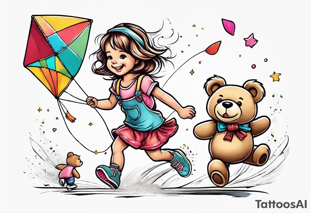 a little girl running away holding a kite with a roller skating teddy bear behind her tattoo idea