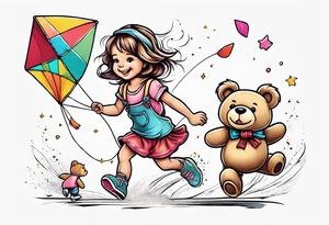 a little girl running away holding a kite with a roller skating teddy bear behind her tattoo idea