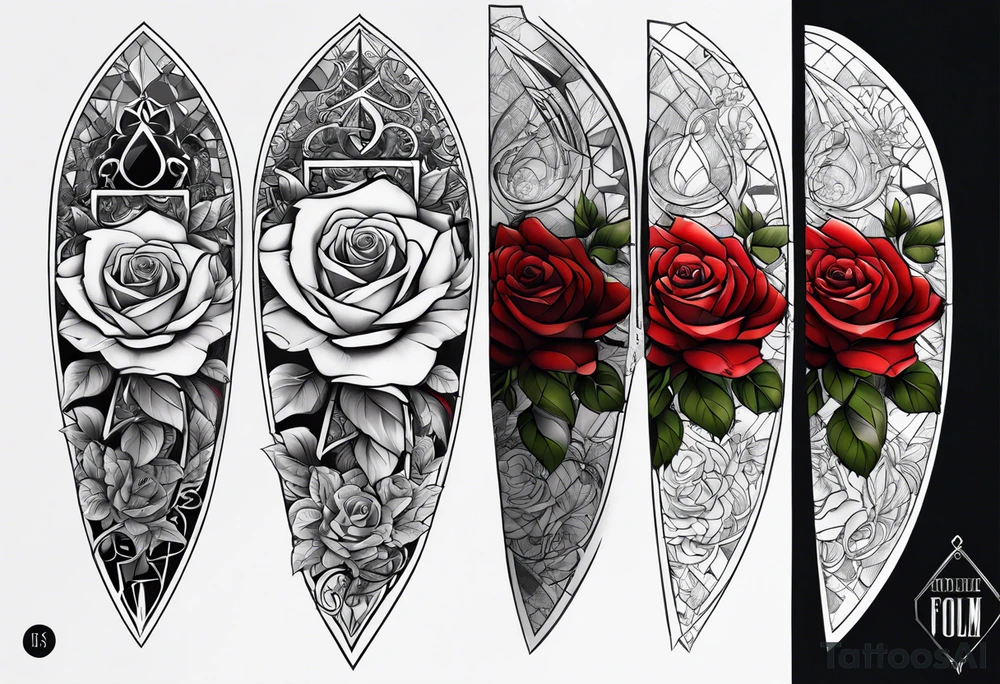tattoo fool sleeve, old broken gothic home, broken sword, roses tattoo idea