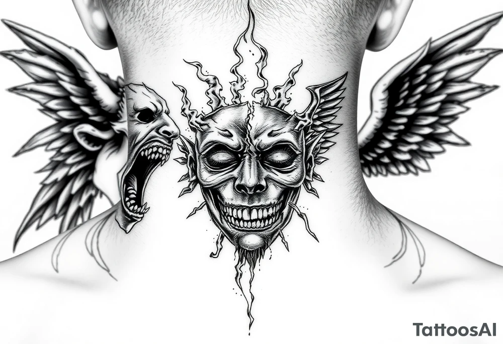 Dark fantasy neck tattoo. A demonic face screaming toward a screaming angel on opposite sides of the neck, both facing inward. Between them, in the center front of the neck, a broken mask splitting into light and darkness, with smoke and energy flowing from the cracks. Black and grey realism, high contrast, detailed linework, dramatic shadows. tattoo idea