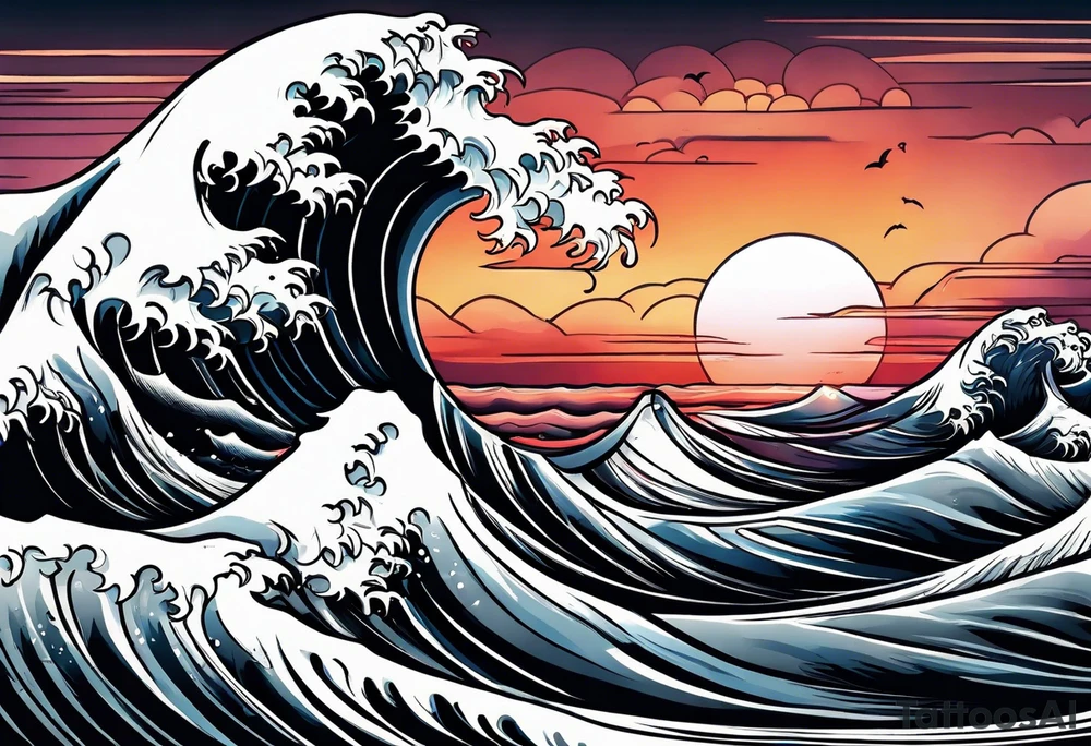 Ocean wave at sunset tattoo idea
