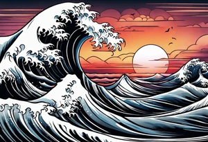 Ocean wave at sunset tattoo idea