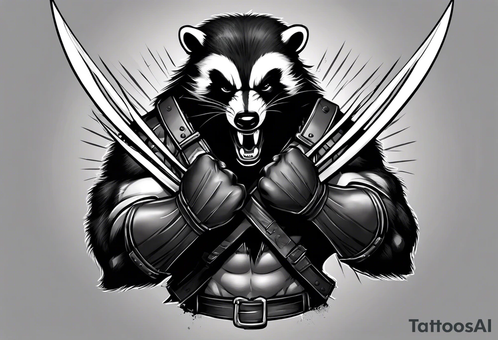 Draw me badger/wolverine with aggressive full body show, killer face with cute smile, very long nails and he attacks like a Turkish Soldier to enemy and also he has very deadly looking. The only weapon is his braveness he fights with his nails. tattoo idea