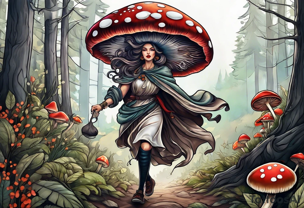 mushroom lady running naked in the woods tattoo idea