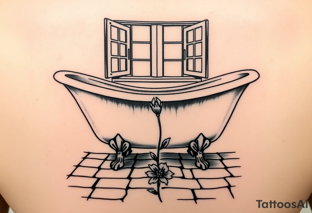 clawfoot bathtub with window above it. add a tile floor with a flower growing through the cracks tattoo idea