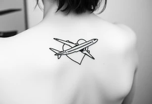 Minimalist tattoo for women who love travel and science, make feminine. For forearm. Should be small, aeroplane and heart tattoo idea