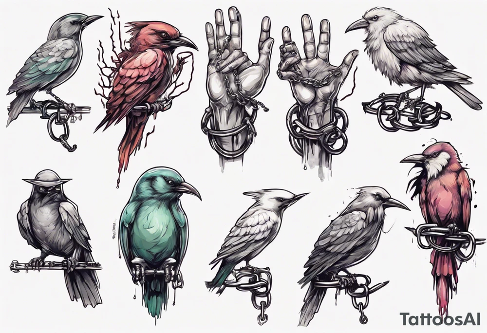 horizontal hand with middle finger extended, headless-songbird perched on middle finger, headless bird's leg chained to finger tattoo idea