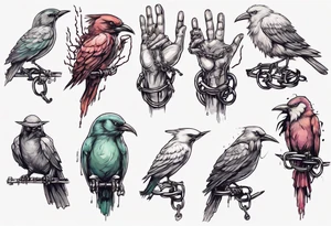 horizontal hand with middle finger extended, headless-songbird perched on middle finger, headless bird's leg chained to finger tattoo idea
