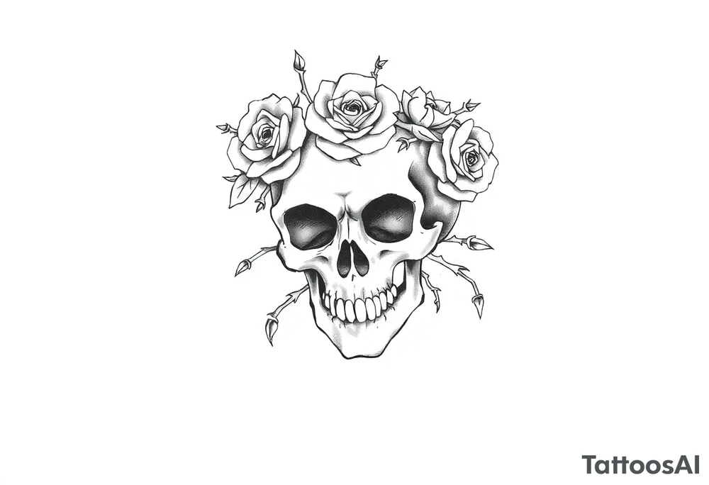 ornate skull adorned with crown of wild roses and thorns tattoo idea