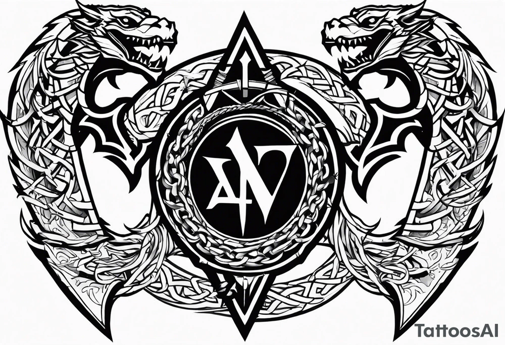 Valhalla sword shield dragon axe Valknut barbed wire chains tribal tattoo idea