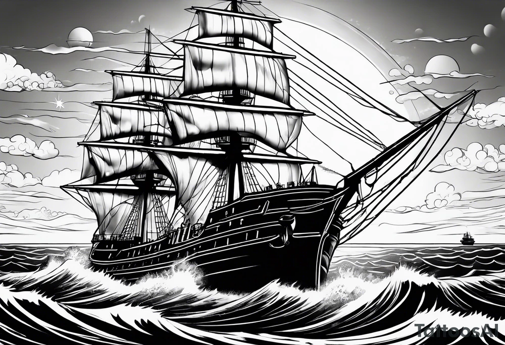 huge ship hitting in the sea with sun on the sky tattoo idea huge ship hitting in the sea with sun on the sky tattoo idea