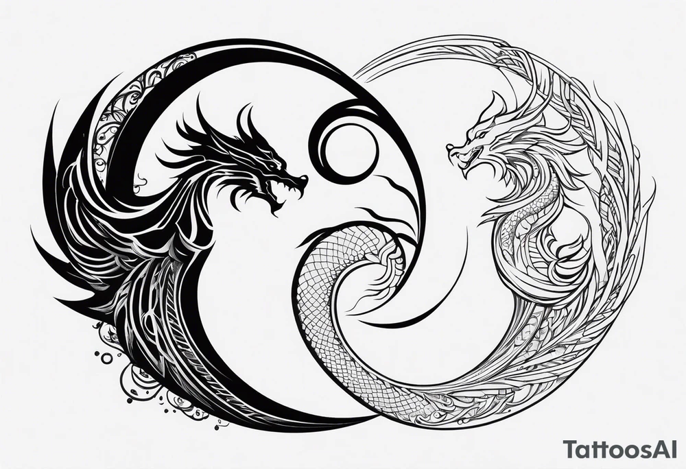 For a Gen Z-inspired dragon and phoenix tattoo, think of a clean, minimalist design that combines symbolism with bold, sleek lines. Imagine a dragon and phoenix spiraling together in a yin-yang-inspired layout. The dragon has a slightly abstract, modern shape, with sharp, flowing lines to show power, resilience, and wisdom, while the phoenix is rendered with sweeping curves and minimal detailing, symbolizing rebirth, growth, and transformation.

Both creatures should interact in a harmonious way, representing balance and duality. To keep it meaningful, focus on line work rather than intricate shading—clear, open spaces allow the tattoo to feel light and energetic. Adding small symbols, like stars or a faint galaxy backdrop, can enhance the "rising from ashes" and "strength through challenge" themes. This design will have a timeless appeal while resonating with Gen Z’s love for symbolism and simplicity. tattoo idea
