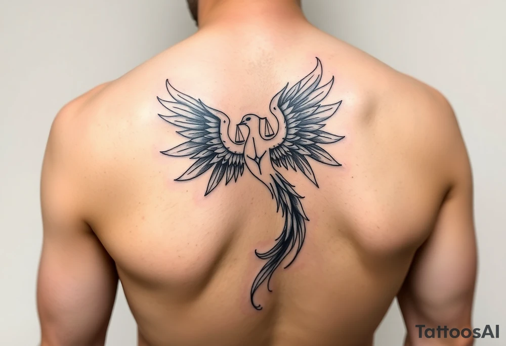 Side arm tattoo with the phoenix rising from the ashes linked with libra sign and based on discipline and the help of God.Geometric and abstract style tattoo idea