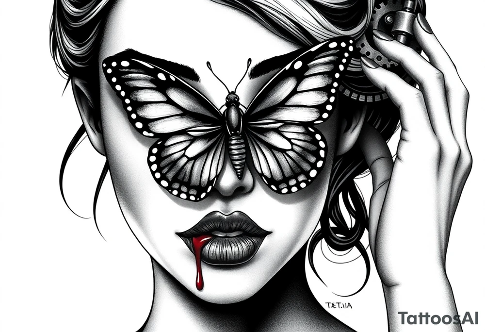 Black and grey realism tattoo design of a beautiful woman's face. And a butterfly landing g on her on the upper bridge of her nose so that the lower wings of the butterfly is covering both her eyes  the butterflys right lower wing is covering her right eye and the lower left of the butterfly wing is covering her left eye  (see no evil), she is bitting on her lip hard to where it is bleeding bright red(speak no evil). Wuth her left hand iver her left ear and her right hard over her right ear ( hear no evil )The style is black and grey realism, hyper-realistic, dark, and evil. Incorporate ninja gear elements and mechanical details (gears) subtly into the background or clothing for a gear ninja evil look. Design for a full forearm sleeve placement tattoo idea