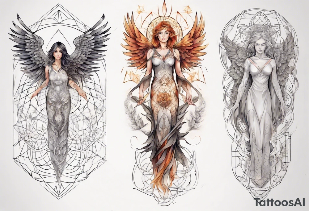 Sleeve for woman's arm phoenix sacred geometry with Metatron's cube tattoo idea