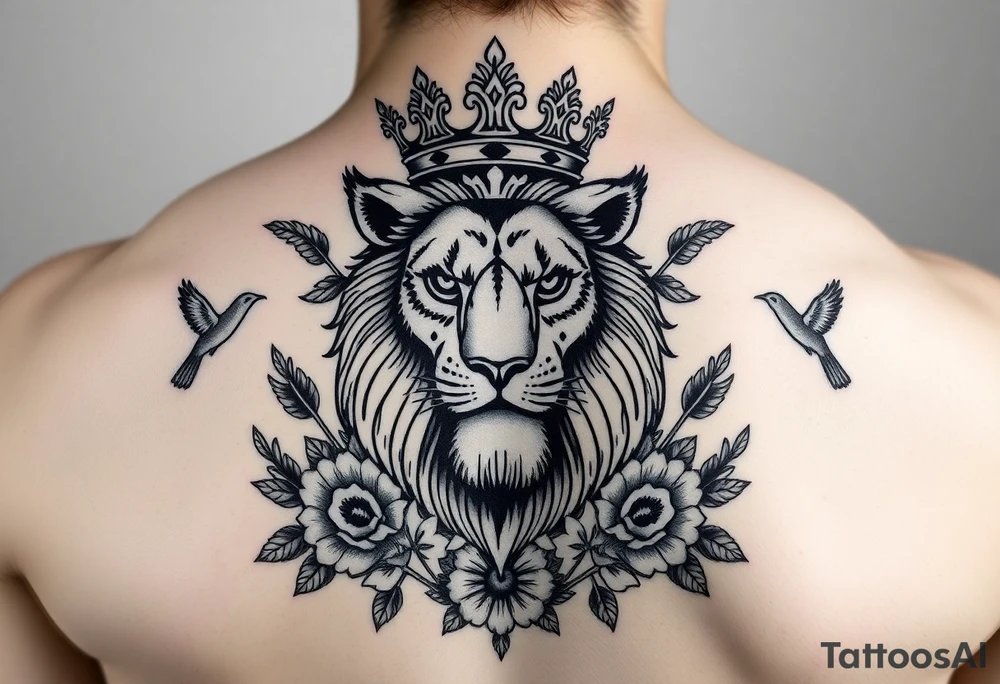 powerful majestic lion with a crown, surrounded by floral ornaments and birds tattoo idea