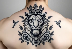 powerful majestic lion with a crown, surrounded by floral ornaments and birds tattoo idea