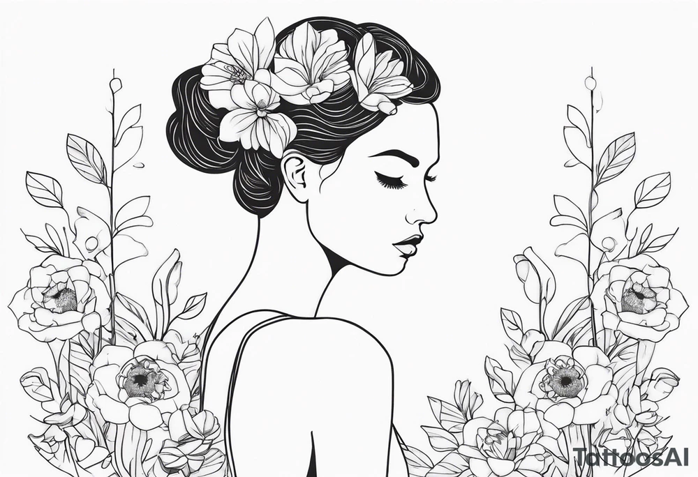 fine line tattoo with woman with flowers growing out of her head tattoo idea