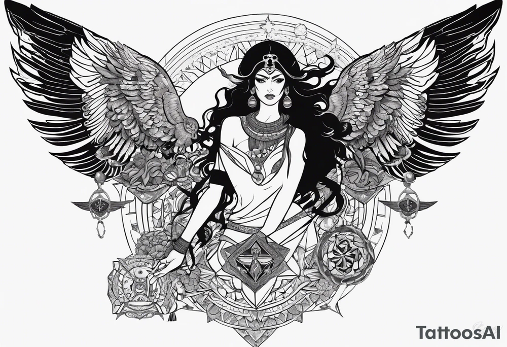black kali, goddess pirate, alien, angel, pachamama, valkrye, warrior, flying, skull, lotus azul, wing, eagle, zenza resonance, stars, 5D, anahata chakra, death, durga, riding on a tiger, flying lady tattoo idea