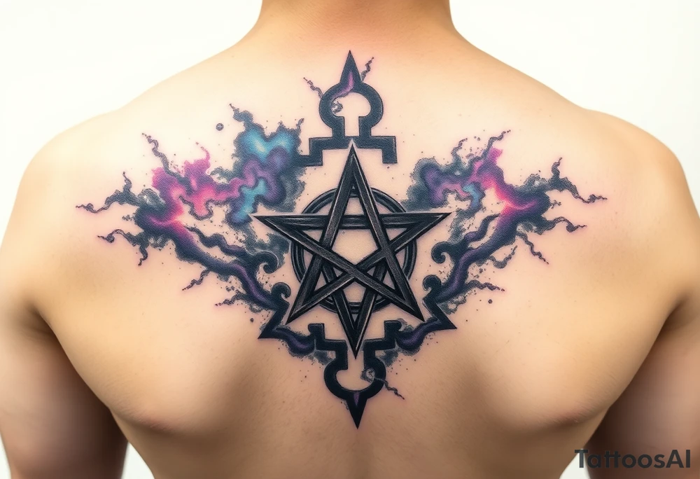 A darkened pentagram encased in swirling cosmic dust, with radiant purple, blue, and pink nebulae. tattoo idea