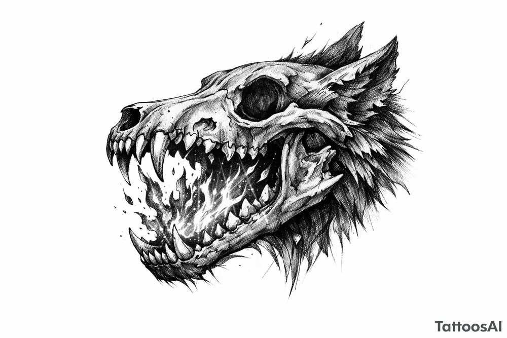 A skeletal wolf head with fiery embers rising from its jaws. tattoo idea