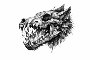 A skeletal wolf head with fiery embers rising from its jaws. tattoo idea