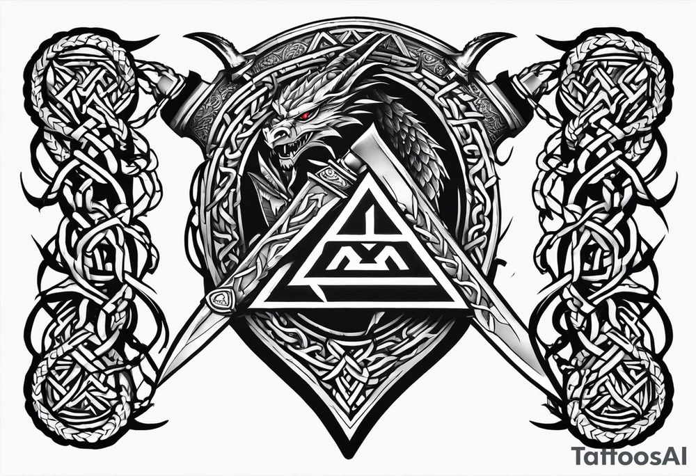 Valhalla sword shield dragon axe Valknut barbed wire chains tattoo idea Valhalla sword shield dragon axe Valknut barbed wire chains tattoo idea