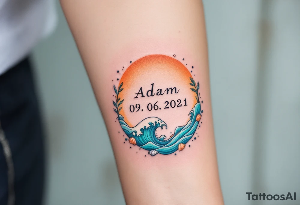 Adam 09. 06. 2021 – Orange and turquoise waves surrounding Aiden's birthdate, accented with small sea shells and a subtle sunset glow. tattoo idea